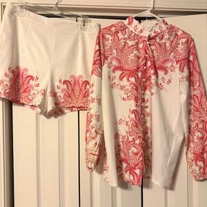 Beautiful shirt set. White with pink designs  gorgeous round white buttons.
